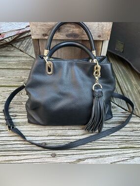 Vince Camuto Black Pebbled Leather Satchel Crossbody Gold Hardware Tassel